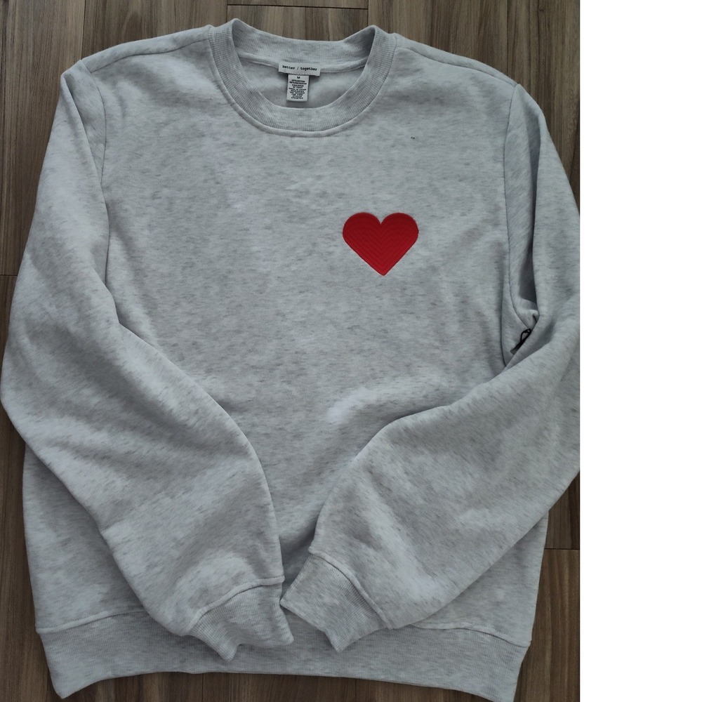 Better Together Womens Gray Heather Red Heart Patch Crewneck Sweatshirt Medium